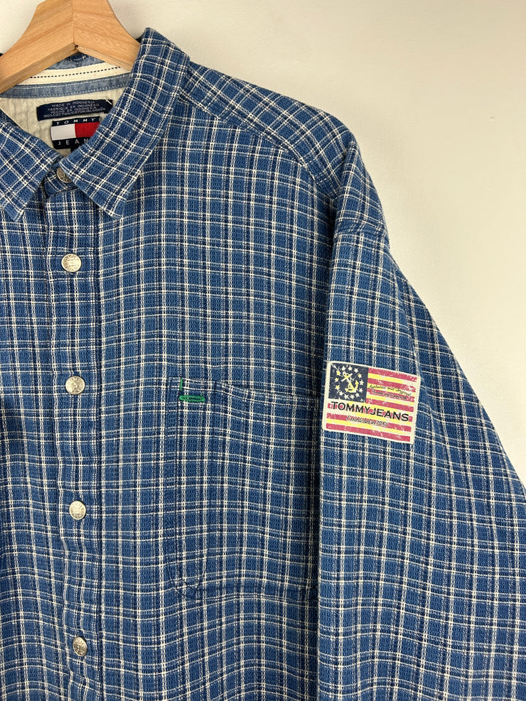 Vintage 90s Tommy Hilfiger Checkered Blue Button Up Long Sleeve Shirt