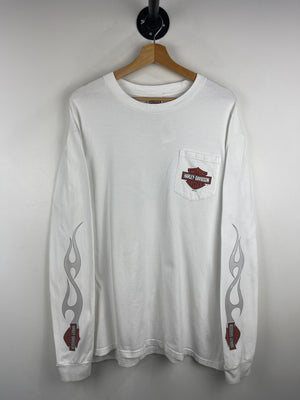 Vintage Harley Davidson Flames Cayman Islands White Long Sleeve