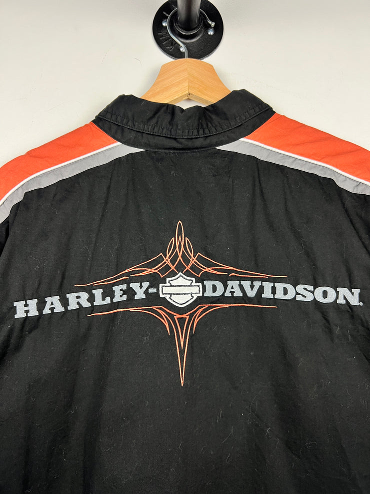 Vintage Harley Davidson Embroidered Black & Orange Button Up Shirt