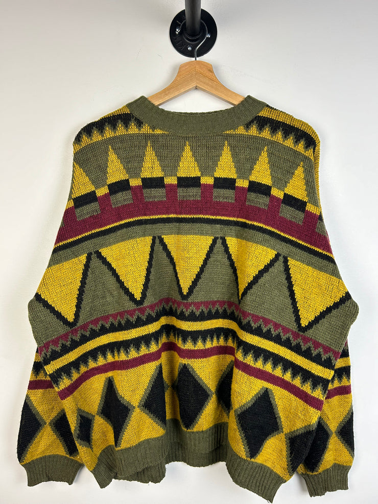 Vintage 90s Diamond Olive & Yellow Knit Sweater