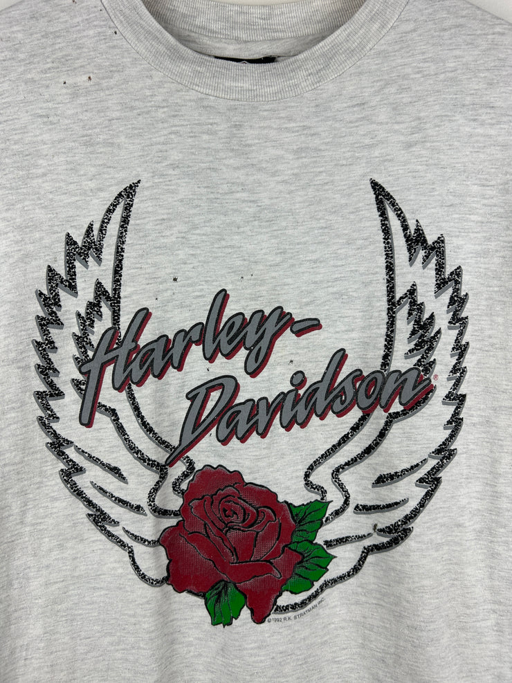 Vintage 90s Harley Davidson Rose Flower Maine Grey Tee