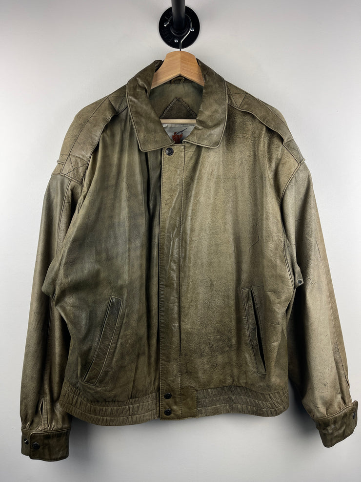 Vintage 90s Luis Alvear Faded Green Leather Bomber Jacket