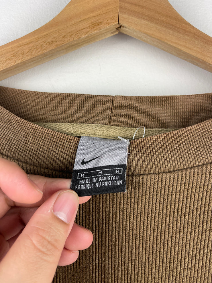 Vintage Nike Spellout Swoosh Embroidered Ribbed Brown Crewneck