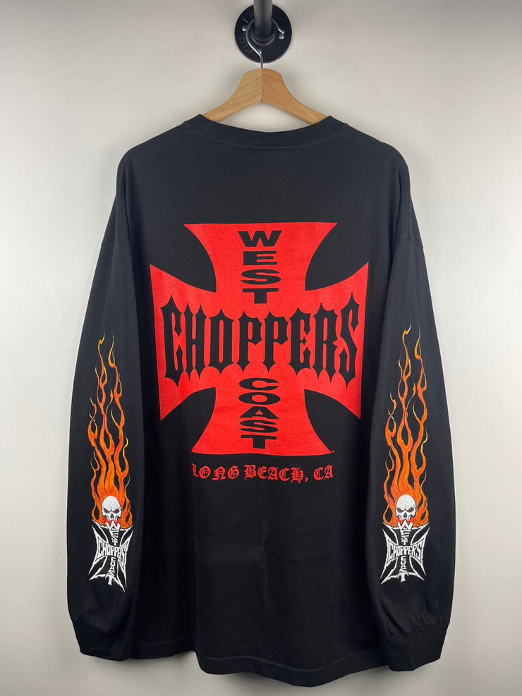 Vintage 2003 West Coast Choppers Flames Skull Black Long Sleeve