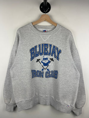 Vintage 90s Russell Athletic Blue Jay Iron Club Gym Grey Crewneck