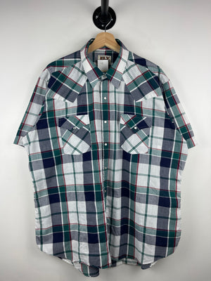 Vintage 90s Ely Cattleman Pearl Snap Plaid White & Green Short Sleeve Button Up Shirt
