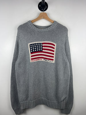 Vintage Polo Ralph Lauren Jeans Co American Flag Grey Knit Sweater