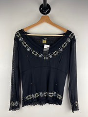 Vintage Buffalo Beaded Women's Black Mesh Long Sleeve