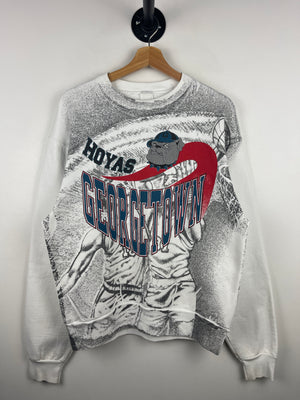 Vintage 90s Georgetown Hoyas Basketball All Over Print White Crewneck