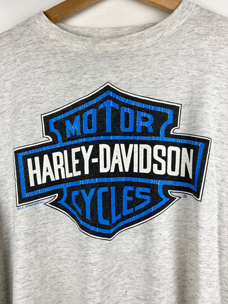 Vintage 80s Harley Davidson Blue Flames Ohio Grey Long Sleeve