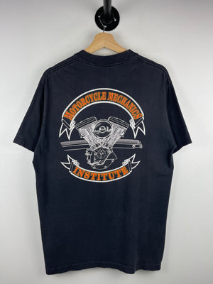 Vintage 90s Harley Davidson Motorcycle Mechanics Institute Black Pocket Tee