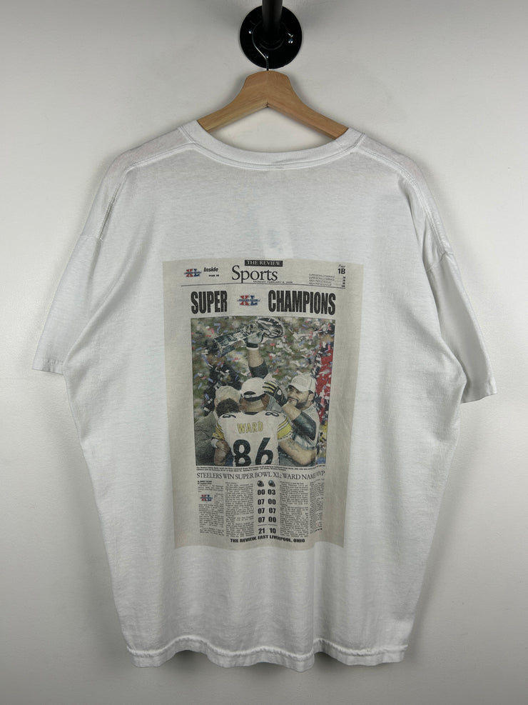 Vintage NFL Pittsburgh Steelers Newpaper Party Bus White Tee