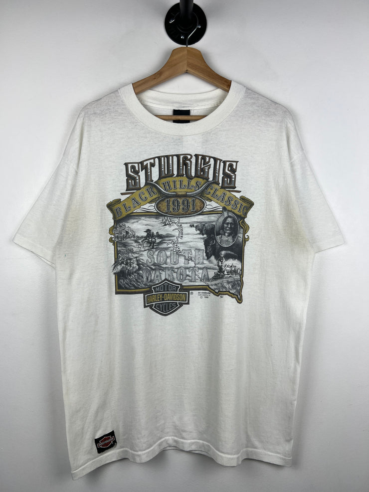 Vintage 90s Harley Davidson Sturgis Black Hills Rally 3D Emblem White Tee