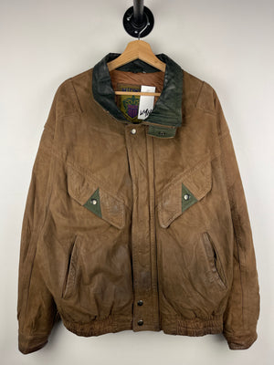 Vintage 90s Midway Brown & Green Leather Bomber Jacket