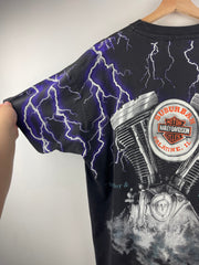 Vintage 90s Harley Davidson Illinois Thunder Lightning All Over Print Black Tee