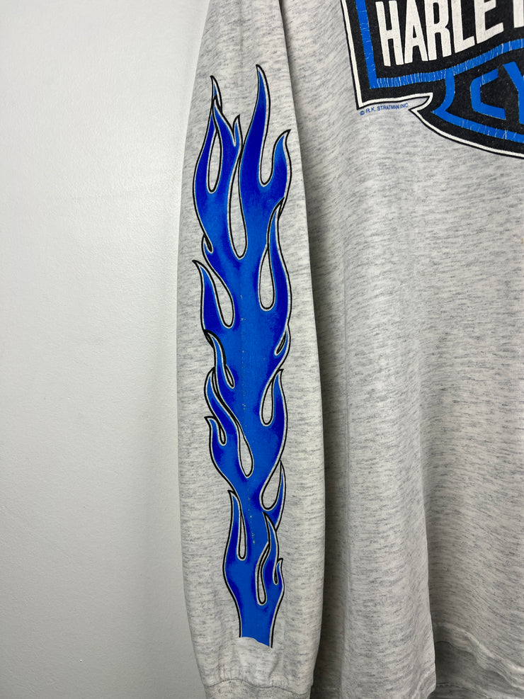 Vintage 80s Harley Davidson Blue Flames Ohio Grey Long Sleeve