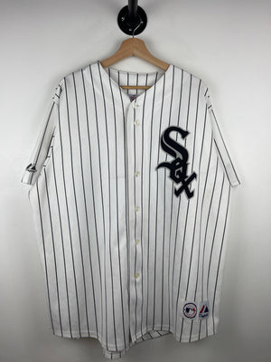 Vintage MLB Majestic Chicago White Sox Mark Buehrle Pin Stripe White Baseball Jersey