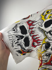 Vintage 90s Jarvis Ace Flaming Skull All Over Print White Tee