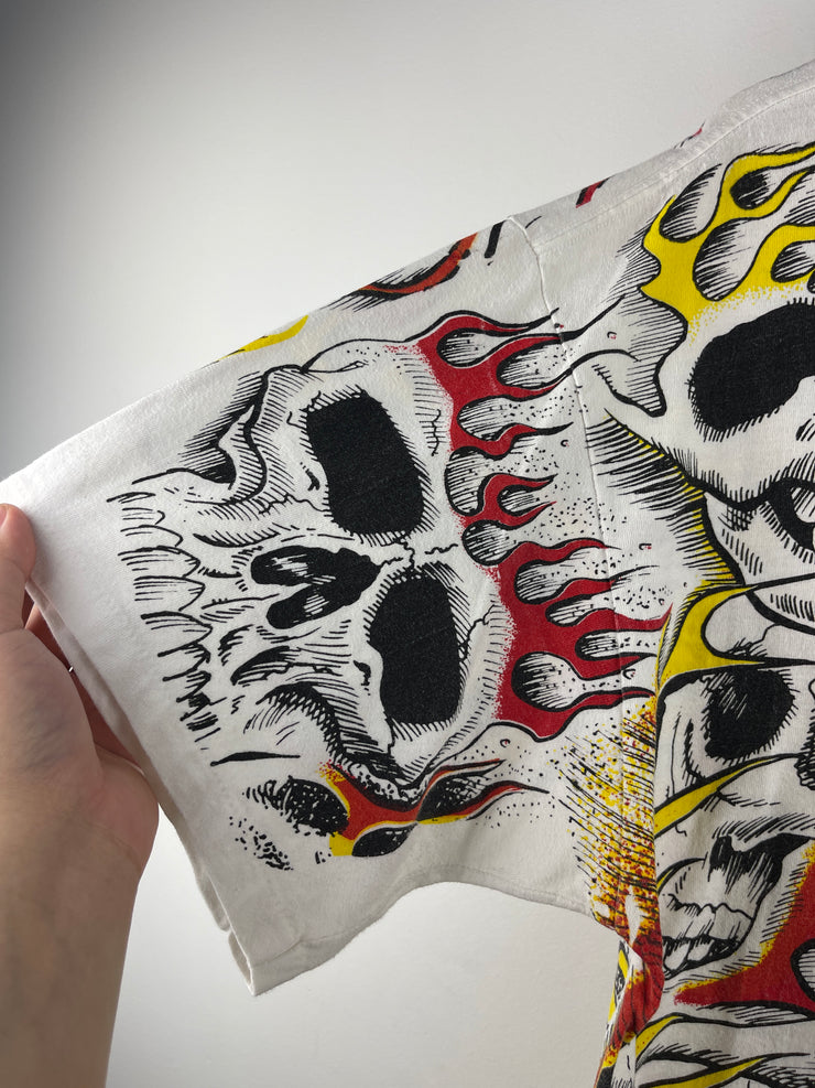 Vintage 90s Jarvis Ace Flaming Skull All Over Print White Tee