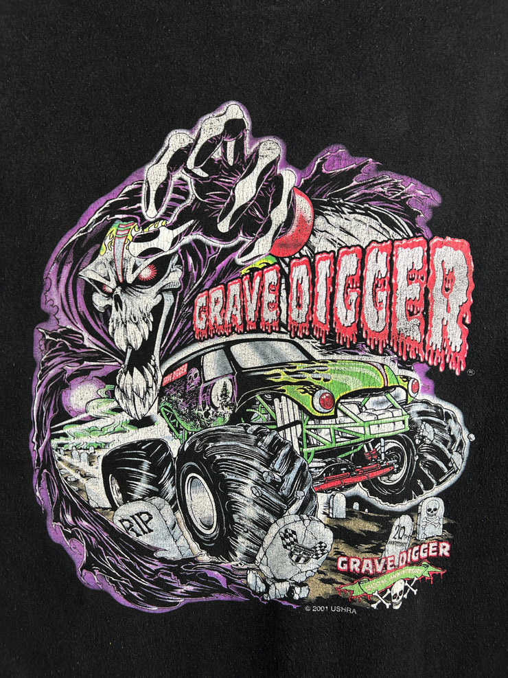 Vintage 2001 Grave Digger Monster Truck Skull Grim Reaper Black Tee