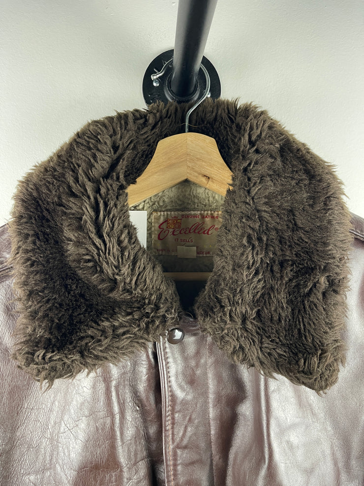 Vintage 80s Excelled Flight Bomber Fur Collar Brown Leather Jacket
