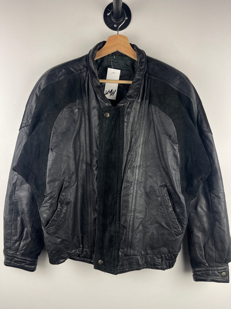 Vintage 90s Ground Zero Black Leather & Suede Bomber Jacket