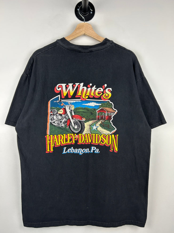 Vintage 90s Harley Davidson One Hot Piece Of Steel Flames Black Tee
