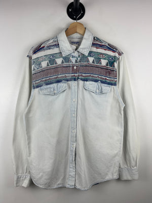 Vintage 90s Wrangler Western Aztec White Long Sleeve Button Up Shirt