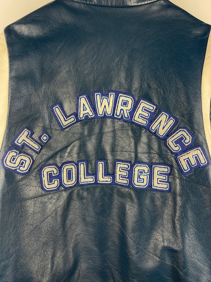 Vintage 80s St. Lawrence College Kingston Ontario Blue Leather Varsity Jacket
