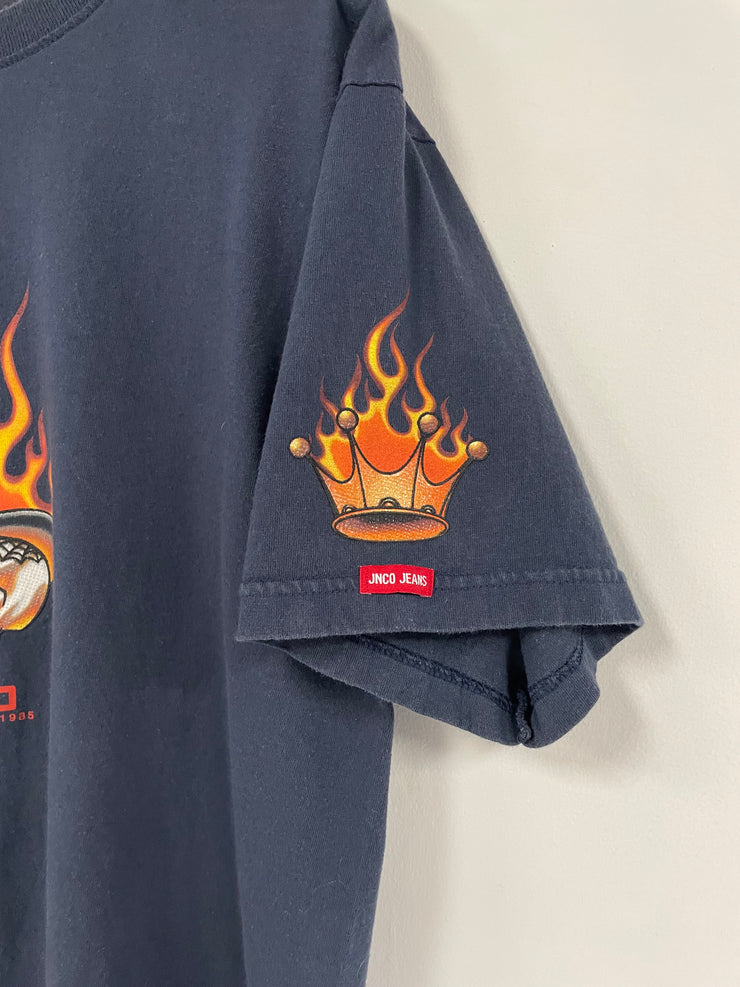 Vintage Y2K JNCO Flamming Skull Navy Tee