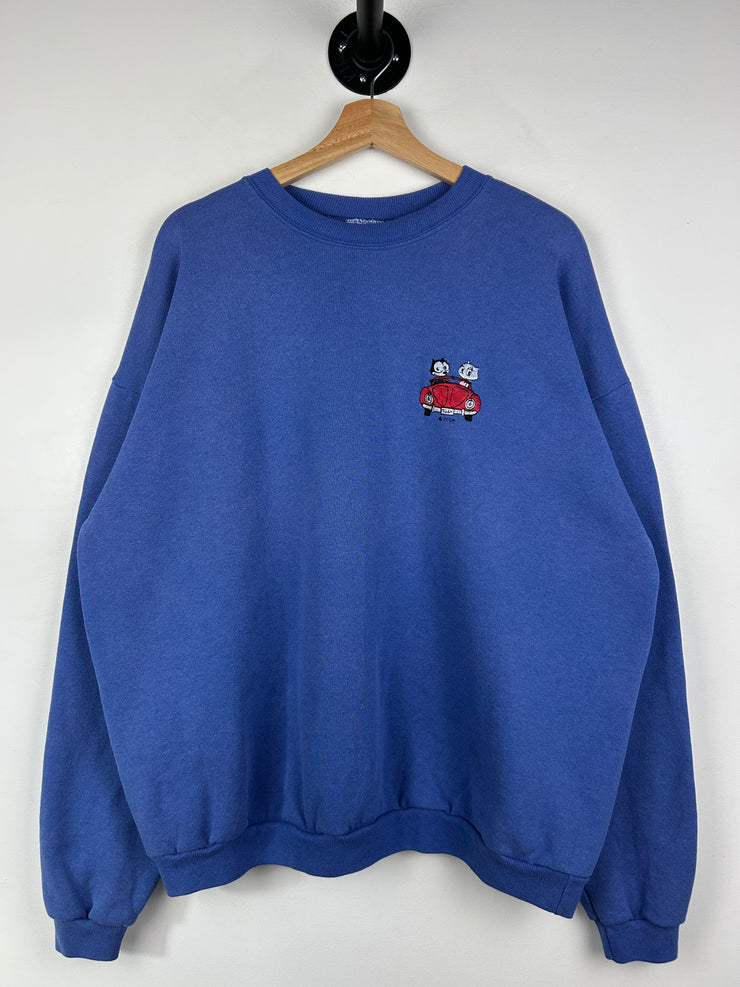 Vintage 90s Felix The Cat Cartoon Embroidered Blue Crewneck
