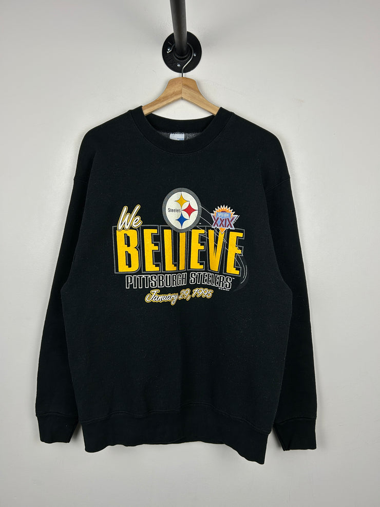 Vintage 90s NFL Salem Pittsburgh Steelers Super Bowl We Believe Black Crewneck