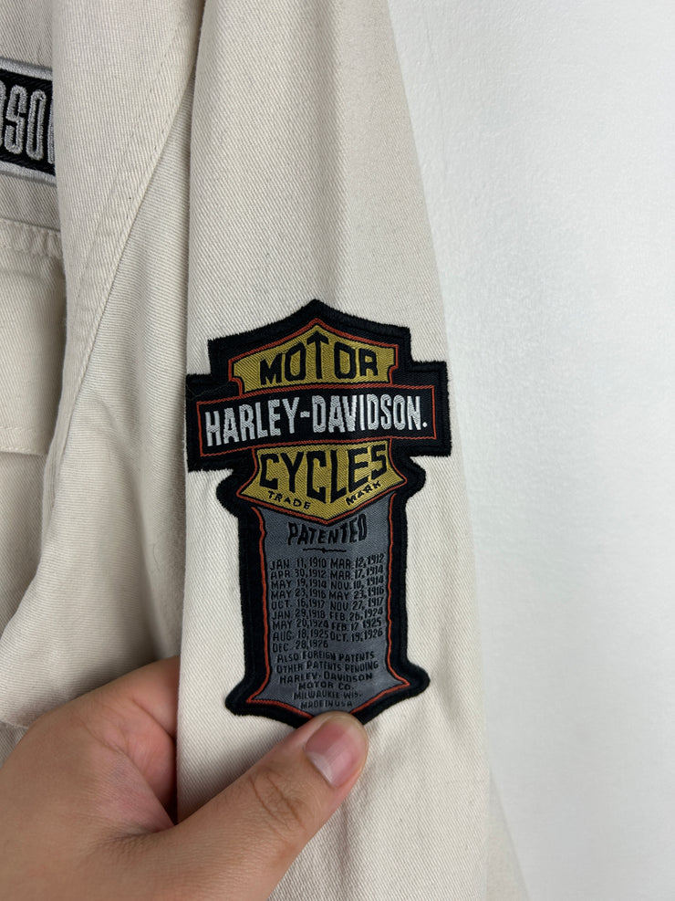 Vintage Harley Davidson Patch Cream Button Up Long Sleeve Shirt