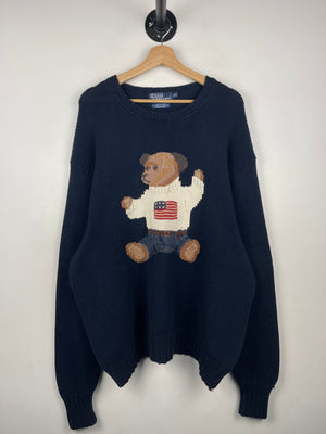 Vintage 90s Polo Ralph Lauren Polo Bear Sit Down Hand Knit Navy Sweater