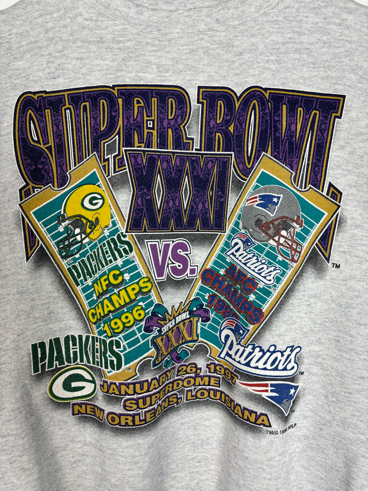 Vintage 1996 Logo 7 Superbowl Packers VS Patriots Grey Crewneck