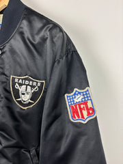 Vintage 80s NFL Starter Los Angeles Raiders Spellout Black Satin Bomber Jacket