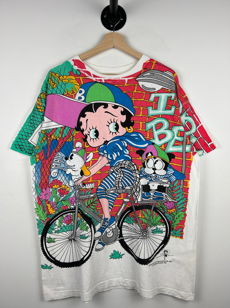 Vintage 90s Betty Boop Biking With Betty All Over Print White Tee