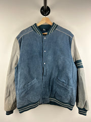 Vintage 90s Fingerhut Fashions Blue & Grey Leather Suede Bomber Jacket