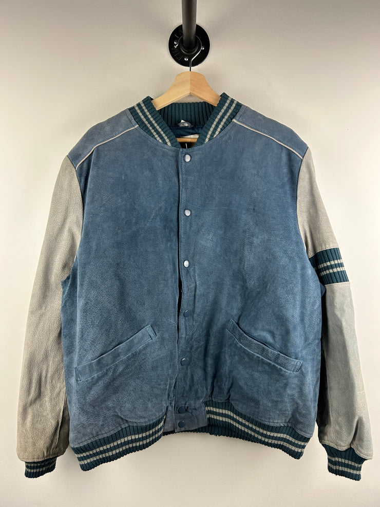 Vintage 90s Fingerhut Fashions Blue & Grey Leather Suede Bomber Jacket