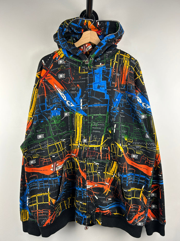 Vintage Y2K Kanji Japanese Map Black Full Zip Hoodie