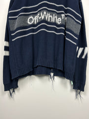 Off White Distressed Logo Intarsia Navy Knit Sweater