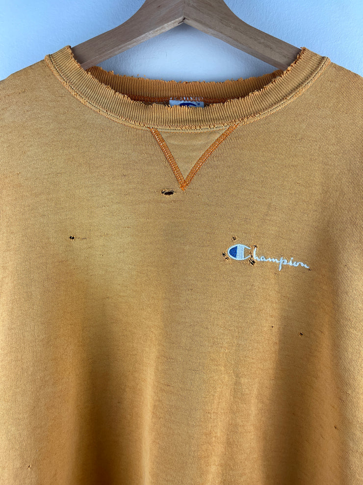 Vintage 90s Champion Embroidered Spellout Thrashed Mustard Yellow Crewneck