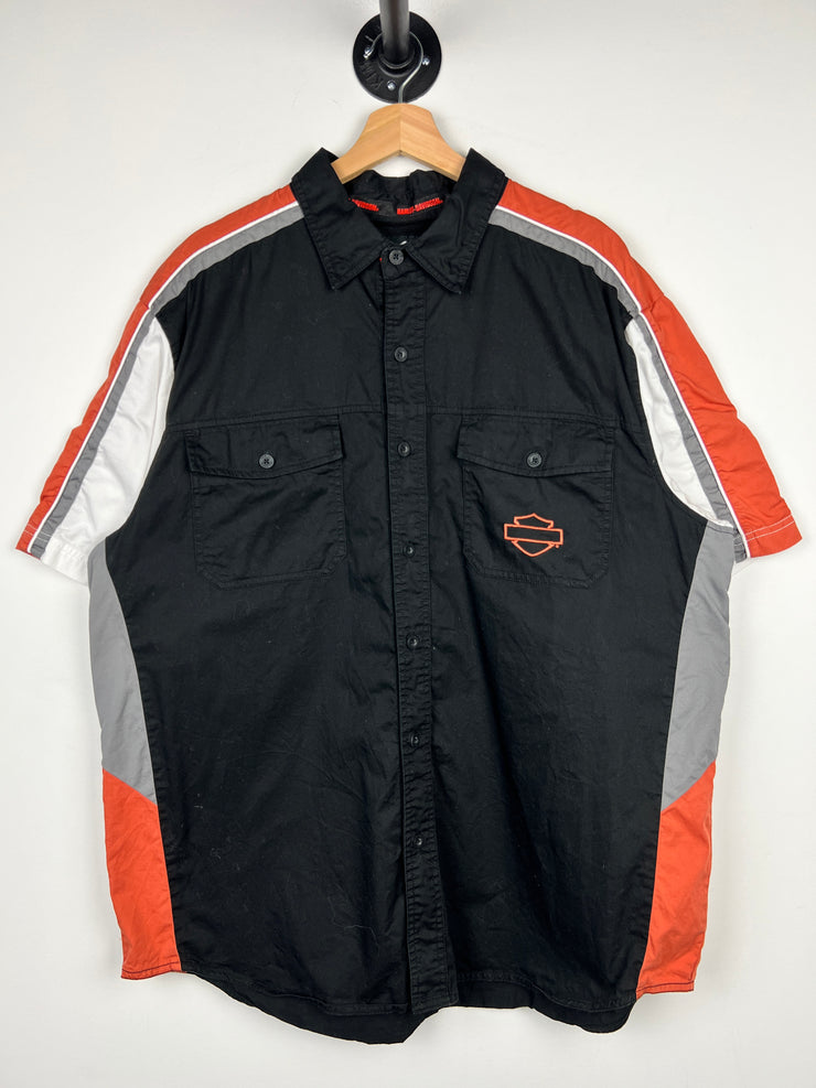 Vintage Harley Davidson Embroidered Black & Orange Button Up Shirt