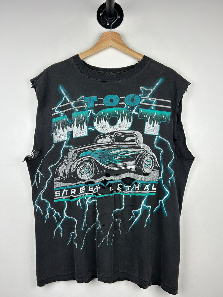 Vintage 90s American Thunder Hot Rod Street Lethal Thrashed Black Cut Off Tank Top