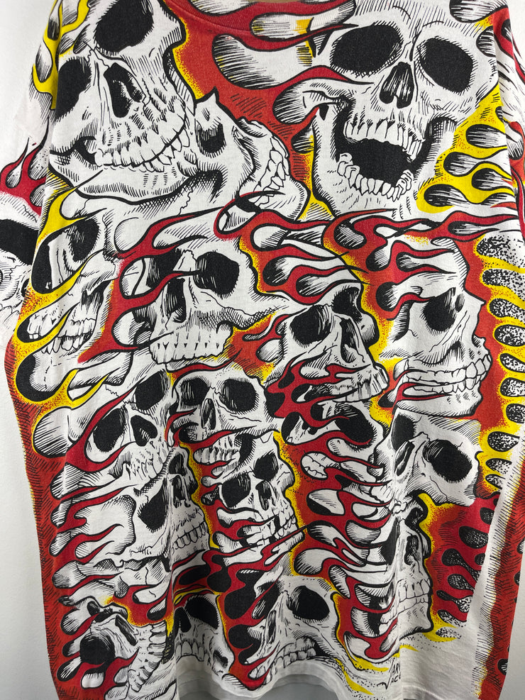 Vintage 90s Jarvis Ace Flaming Skull All Over Print White Tee