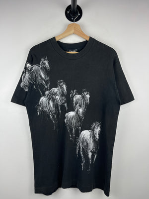 Vintage 90s Horse Faded All Over Print Black Tee