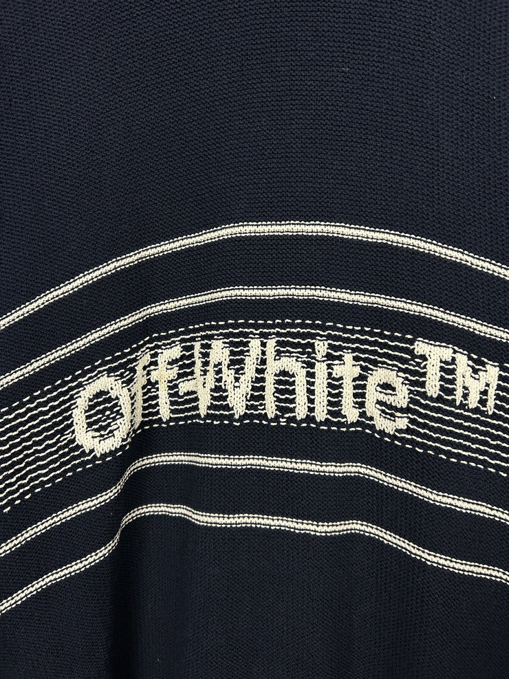 Off White Distressed Logo Intarsia Navy Knit Sweater