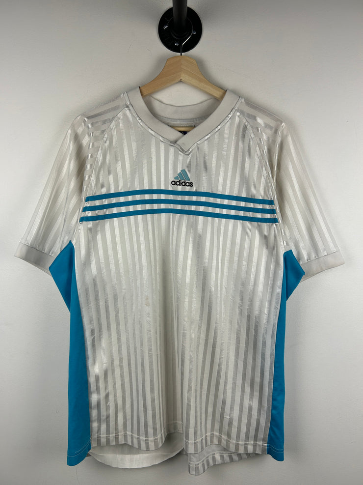 Vintage 90s Adidas 3 Stripe Baby Blue & White Soccer Jersey