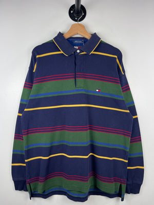 Vintage 90s Tommy Hilfiger Striped Navy Polo Rugby Long Sleeve