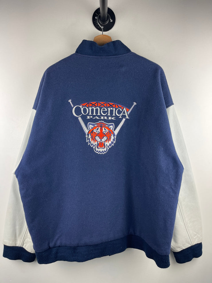 Vintage 90s MLB Detroit Tigers Comerica Park Navy Wool & Leather Varsity Jacket